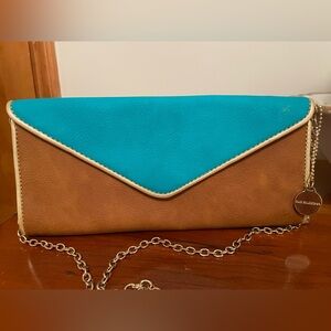 Big Buddha Tan, Aqua, & Gold Envelope Bag With Chain Strap- New, Without Tags